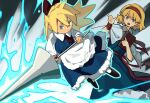  2girls alice_margatroid apron blonde_hair blue_dress blue_eyes book bow capelet commentary doll dress frilled_hairband frills grimoire grimoire_of_alice hair_bow hairband highres holding holding_polearm holding_weapon lance multiple_girls open_mouth pointing polearm red_bow red_hairband red_sash sash shanghai_doll touhou touhou_lost_branch_of_legend tuck_(tuck23978434) waist_apron waist_sash weapon white_apron white_capelet yellow_eyes 