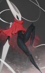  1girl absurdres arthropod_girl black_eyes black_skin cloak colored_skin commentary full_body highres holding hollow_knight hollow_knight:_silksong horned_mask hornet_(hollow_knight) horns mask needle_(hollow_knight) red_cloak solo surge09 