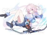  1girl :p ;p black_shoes blue_eyes blue_jacket blue_skirt blush bow_(weapon) camera commentary compound_bow full_body gradient_eyes highres holding holding_bow_(weapon) holding_weapon honkai:_star_rail honkai_(series) jacket long_sleeves march_7th_(honkai:_star_rail) march_7th_(preservation)_(honkai:_star_rail) multicolored_eyes one_eye_closed pink_eyes pink_hair pleated_skirt shirt shoes short_hair sidelocks simple_background skirt solo tied_jacket tongue tongue_out twitter_username uwasewau weapon white_background white_shirt 
