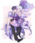  1boy 1girl arm_strap balloon bare_shoulders black_gloves black_hair black_necktie black_pants black_shoes blue_eyes blunt_ends border bow breasts bright_pupils brooch cake cake_slice carrying closed_mouth collared_shirt commentary couple cross-laced_clothes cross-laced_dress detached_collar detached_sleeves dress eyelashes eyeliner flower food frilled_skirt frilled_sleeves frills fruit full_body gem genshin_impact gloves hair_between_eyes hair_bow hair_flower hair_ornament half_gloves hand_on_another's_shoulder hand_on_another's_thigh hand_up heart_balloon hetero high_heels highres holding holding_plate jewelry lapels light_blush long_sleeves looking_at_viewer makeup medium_breasts medium_dress multicolored_hair necktie oc_x_canon open_mouth original oxfords pants pink_background pink_flower plate princess_carry purple_bow purple_dress purple_eyes purple_gem purple_hair purple_shoes purple_sleeves purple_vest red_eyeliner red_lips scaramouche_(genshin_impact) shirt shoes short_hair skirt smile star_balloon strapless strapless_dress strawberry streaked_hair suit_pants toes tsurime undershirt vest white_border white_gloves white_hair white_mouth white_pupils white_shirt white_sleeves yunhhj 