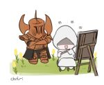  :d armor armored_boots boots breastplate brown_helmet canvas_(object) character_request chibi chihuri commentary_request crossed_arms easel elden_ring elden_ring_nightreign faceless flower helm helmet holding holding_paintbrush hood hood_up paintbrush pauldrons robe shaded_face shoulder_armor signature sketch smile standing tanith's_knight white_background white_flower white_robe yellow_flower 