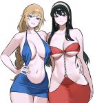  2girls absurdres black_hair blonde_hair blue_dress blue_eyes braid breasts chain collarbone commentary commission crossover dress earrings english_commentary gold_earrings hairband hand_on_own_hip hand_wrapped_around_waist highres jewelry large_breasts looking_at_viewer multiple_girls o-ring red_dress red_eyes simple_background single_braid smile sophitia_alexandra soulcalibur spy_x_family white_background white_hairband yor_briar zeon_(zzeeonn) 