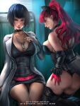  2girls ass blue_hair bow breasts brown_eyes cleavage collar emerald-weapon hair_bow huge_ass lab_coat long_hair multiple_girls persona persona_5 persona_5_the_royal ponytail red_eyes red_hair short_hair smile spiked_collar spikes takemi_tae violet_(persona_5) yoshizawa_kasumi 