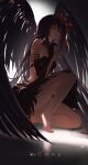  1girl absurdly_long_hair akemi_homura akuma_homura angel_wings armlet bare_legs bare_shoulders barefoot black_background black_collar black_dress black_gloves black_hair black_wings bow bright_pupils ceey center_opening chinese_commentary closed_mouth collar commentary_request detached_collar dot_nose dress elbow_gloves expressionless feather-trimmed_dress feathered_wings feet full_body gloves hair_between_eyes hair_bow hair_spread_out hairband hand_on_own_chin high_collar highres jewelry knee_up light_frown light_particles long_hair looking_at_viewer mahou_shoujo_madoka_magica mahou_shoujo_madoka_magica:_hangyaku_no_monogatari on_one_knee purple_eyes red_bow red_hairband short_dress side_slit sitting solo spotlight straight_hair strapless strapless_dress toes two-tone_background very_long_hair white_background wings 