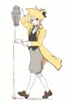  1boy :> aku_no_meshitsukai_(vocaloid) allen_avadonia arm_up ascot baggy_pants black_ribbon black_vest blonde_hair blush_stickers brown_eyes brown_shoes coat collared_coat collared_jacket collared_shirt commentary cup derivative_work english_commentary evillious_nendaiki grey_pants grey_shirt hair_ribbon highres holding holding_plate holding_teapot jacket kagamine_len looking_at_viewer messy_hair pants plate ponytail pouring raised_eyebrow ribbon shirt shoes short_ponytail sideways_glance smile smug socks solo spiked_hair tea tea_set teacup teapot tod-mugi vest vocaloid walking white_ascot white_socks yellow_coat yellow_jacket you're_doing_it_wrong 