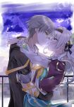  1boy 1girl absurdres aqua_skirt black_gloves black_hairband black_jacket blue_eyes blush caelus_(honkai:_star_rail) commentary_request cropped_jacket firefly_(honkai:_star_rail) from_side gloves grey_hair hair_ornament hairband hand_on_another's_back hetero highres honkai:_star_rail honkai_(series) hood hood_down hooded_jacket hug imo_hokuhoku jacket long_hair long_sleeves multicolored_eyes neckerchief open_clothes open_jacket orange_neckerchief shirt short_hair short_sleeves skirt smile trailblazer_(honkai:_star_rail) upper_body white_hair white_shirt yellow_eyes 