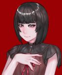  1girl above-cleavage_cutout absurdres amakura_mayu arm_at_side black_hair black_shirt blunt_bangs bob_cut bright_pupils brown_camisole brown_eyes camisole camisole_over_clothes closed_mouth clothing_cutout commentary fatal_frame fatal_frame_ii:_crimson_butterfly fingernails hand_on_own_chest hand_up highres k_irvine3 looking_at_viewer red_background red_ribbon ribbon shirt short_hair short_sleeves simple_background solo upper_body white_pupils 