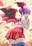  1girl animal_print back backless_shirt bare_shoulders bat_print blue_thighhighs breasts closed_mouth darkstalkers demon_wings e-kaki from_behind hand_up head_wings highres leaning_forward lilith_(darkstalkers) looking_at_viewer miniskirt orange_eyes pleated_skirt print_thighhighs purple_hair red_skirt red_wings shirt short_hair skirt sleeveless sleeveless_shirt small_breasts solo thighhighs white_shirt wings 