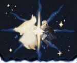  1boy 1girl ascot asymmetrical_bangs blindfold_mask blonde_hair boots braid cape commentary crown_braid curled_up duchess_(elden_ring) elden_ring elden_ring_nightreign eye_mask full_body glowing half_eye_mask helmet highres mask night ornate_clothes reaching reaching_towards_another star_(symbol) white_ascot winged_helmet wylder_(elden_ring) ya_la16638 