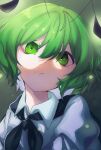 1girl :< alt_text antennae black_cape bug cape collared_shirt commentary_request firefly green_background green_eyes green_hair head_tilt highres looking_at_viewer portrait rumi_ts shirt short_hair solo touhou white_shirt wriggle_nightbug 