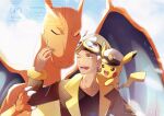 1boy :d ;d absurdres brown_jacket captain_pikachu charizard commentary_request day friede_(pokemon) goggles goggles_on_head hand_up happy highres jacket long_sleeves male_focus mikan_bako on_shoulder one_eye_closed open_clothes open_jacket open_mouth outdoors pikachu pokemon pokemon_(anime) pokemon_(creature) pokemon_horizons pokemon_on_shoulder shirt smile teeth upper_body upper_teeth_only watermark white_hair yellow_eyes 