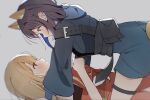  2girls animal_ears black_hair blue_hoodie blue_kimono blush breasts brown_eyes brown_hair cho_kaguya-hime! colored_inner_hair commentary_request fox_ears fox_tail grey_background highres hood hood_down hoodie japanese_clothes kaguya_(cho_kaguya-hime!) kimono long_hair medium_breasts medium_hair multicolored_hair multiple_girls open_mouth rabbit_ears rabbit_girl red_kimono sakayori_iroha simple_background tail thigh_strap touka127430 yellow_eyes 