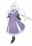  1girl ahoge boots commentary_request grey_hair highres korean_commentary long_hair long_skirt mabinogi multicolored_eyes naha_(1117_71) rowan_(mabinogi) simple_background skirt smile solo two-tone_eyes 