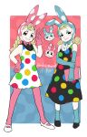  2girls animal_crossing animal_hood bare_shoulders black_eyes black_shoes blonde_hair blue_eyeshadow blue_gloves blue_hood blue_lips blue_socks book braid center_frills chrissy_(animal_crossing) commentary_request curly_hair dancho_no_mori dress elbow_gloves eyeshadow francine_(animal_crossing) frills gloves hair_ornament hairclip half-closed_eyes hand_on_own_arm hand_on_own_hip hand_up highres holding holding_book hood humanization long_hair makeup mary_janes multiple_girls pantyhose pink_gloves pink_hood pink_pantyhose polka_dot polka_dot_dress rabbit_hood shoes siblings sisters sleeveless sleeveless_dress smile socks standing twin_braids twitter_username v white_shoes 