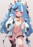  1girl absurdres animal_ear_hairband animal_ears animal_print baby_bottle bell belt bikini black_collar black_hair black_ribbon black_thighhighs blue_bow blue_hair blush bottle bow breasts closed_mouth collar commentary_request commission cow_ears cow_horns cow_print cow_print_bikini cow_print_gloves cow_print_jacket cow_tail cowbell fake_animal_ears fake_horns feet_out_of_frame gloves grey_background hair_ribbon hairband highleg highleg_bikini highres holding holding_bottle hood hood_down hooded_jacket horns indie_virtual_youtuber jacket leaning_forward long_hair long_sleeves looking_at_viewer micro_bikini multicolored_hair navel neck_bell open_clothes open_jacket pink_eyes print_bikini print_gloves print_jacket psd_available remote_control_vibrator ribbon sex_toy simple_background single_thighhigh skeb_commission skindentation small_breasts smile solo standing streaked_hair string_bikini sweat swimsuit tail tail_bow tail_ornament thigh_belt thigh_strap thighhighs torn_clothes torn_thighhighs vibrator vibrator_cord vibrator_under_clothes virtual_youtuber wavy_hair white_gloves white_hair zenya_hima zusshii_(libertasgenesis) 