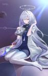  1girl absurdres book breasts coat commentary grey_hair hair_intakes hair_ornament hair_over_one_eye halo high_heels highres holding holding_book ling_yi_de_lei_ke long_hair looking_at_viewer mornye_(wuthering_waves) pink_eyes see-through_body short_sleeves sitting small_breasts triangle_hair_ornament very_long_hair wariza white_coat wuthering_waves 