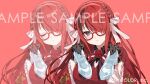  1girl :< black_hair black_streaks bow breasts cinderella_(vocaloid) closed_eyes commentary_request dolustoy flower frilled_kimono frills glass_slipper glasses gloves grey_eyes hair_over_one_eye hair_ribbon holding japanese_clothes kimono lace lace_gloves lain_paterson lain_paterson_(5th_costume) large_breasts long_hair long_sleeves multicolored_hair nijisanji official_art one_eye_closed red-framed_eyewear red_bow red_flower red_kimono red_ribbon red_rose ribbon rose semi-rimless_eyewear streaked_hair white_ribbon 