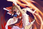  1girl :| armpit_crease ascot black_shoes bloomers blue_ascot blush bobby_socks bow brown_eyes brown_hair chest_sarashi closed_mouth collared_shirt commentary contrast_collar crop_top detached_sleeves flame_trail flying_kick frilled_bow frilled_hair_tubes frilled_skirt frills full_body hair_bow hair_tubes hakurei_reimu hands_up highres kicking leg_up long_hair long_sidelocks looking_to_the_side medium_skirt midair midriff outstretched_arm plantar_flexion red_bow red_shirt red_skirt ribbon-trimmed_sleeves ribbon_trim sarashi serious shirt shoes sidelocks skirt skirt_set sleeveless sleeveless_shirt socks solo touhou touhou_lost_branch_of_legend tuck_(tuck23978434) upskirt v-shaped_eyebrows white_bloomers white_sleeves white_socks wide_sleeves 