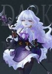  ahoge artist_name commentary_request fingerless_gloves gloves grey_hair long_hair mabinogi multicolored_eyes naku793 pantyhose rowan_(mabinogi) simple_background sleeveless smile two-tone_eyes 