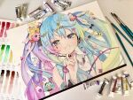  1girl \m/ absurdres ai_kotoba_v_(vocaloid) aqua_eyes aqua_hair aqua_necktie bandaid commentary cropped_shoulders derivative_work detached_sleeves flower gradient_hair hair_flower hair_ornament hatsune_miku highres llatteowo multicolored_hair necktie official_art_redraw paintbrush painting_(medium) rainbow_hair shirt solo sticker sticker_on_face traditional_media vocaloid watercolor_(medium) white_shirt 