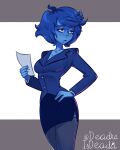  1girl absurdres blue_eyes blue_skin blue_skirt blue_thighhighs breasts buttons collarbone colored_skin deadraisdead frown gem_(steven_universe) hand_on_own_hip highres holding holding_paper jacket lapis_lazuli_(steven_universe) letterboxed limited_palette looking_to_the_side medium_breasts miniskirt office_lady outside_border paper pencil_skirt shirt shirt_peek short_hair side_slit skirt solo steven_universe suit_jacket thigh_peek thighhighs twitter_username unamused white_background white_shirt 
