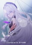  1girl ahoge bare_shoulders beret black_shirt blue_eyes blurry blurry_background breasts commentary_request earrings from_side grey_hair hair_between_eyes hair_intakes hair_ornament hairclip hat highres jacket jewelry long_hair looking_at_viewer medium_breasts off_shoulder original rain shirt sleeveless sleeveless_shirt smile solo srpzk upper_body very_long_hair 