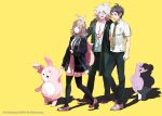  1girl 2boys absurdres ahoge artist_name backpack bag black_hair black_jacket black_pants black_thighhighs bow brown_hair brown_shoes coat commentary danganronpa_(series) danganronpa_2:_goodbye_despair dress full_body green_coat green_necktie grey_eyes hair_between_eyes highres hinata_hajime jacket komaeda_nagito lantern_madoyoi mary_janes monokuma monomi_(danganronpa) multiple_boys nanami_chiaki necktie open_clothes open_coat open_jacket pants pink_background pink_bow pink_dress pink_eyes pink_shoes shadow shirt shoes simple_background sneakers thighhighs twitter_username white_hair white_shirt white_shoes yellow_background zettai_ryouiki 