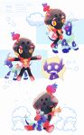  +_+ :d absurdres blue_eyes charcadet commentary_request highres legs_apart mikan_bako open_mouth outstretched_arms pokemon pokemon_(creature) protecting sableye sitting smile spoken_character standing star_(symbol) terapagos watermark 