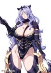  1girl absurdres adapted_costume armor ass_visible_through_thighs axe black_armor black_leotard breasts camilla_(fire_emblem) cleavage closed_mouth commentary curvy english_commentary fire_emblem fire_emblem_fates gloves hair_ornament hair_over_one_eye highres holding holding_axe huge_breasts leotard long_hair looking_at_viewer pink_eyes purple_eyes purple_hair purple_leotard simple_background smile solo thick_thighs thighs tiara very_long_hair wavy_hair white_background x-ray yamanata 
