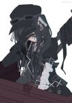  arm_belt artist_name asymmetrical_gloves bandaged_arm bandages black_choker black_coat black_dress black_gloves black_hair black_hat black_ribbon black_thighhighs checkered_clothes checkered_dress choker coat collared_dress colored_extremities covering_own_eyes covering_own_face dress fingernails gloves goggles goggles_on_headwear grey_eyes gun hat highres kurobe_nanoka long_fingernails long_hair mahou_shoujo_no_majo_saiban neck_ribbon ribbon sanlao1207 signature simple_background spoilers thighhighs twintails weapon white_background witch_(manosaba) 