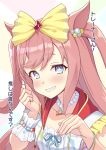 1girl agnes_digital_(full-color_fangirling)_(umamusume) agnes_digital_(umamusume) animal_ears bead_necklace beads blue_eyes bow bracelet commentary_request grin hair_bow highres horse_ears horse_girl jewelry looking_at_viewer necklace nueco pink_hair smile solo sparkling_eyes translated two_side_up umamusume yellow_bow 