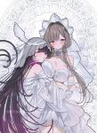  2girls arm_around_another's_waist bare_shoulders black_hair blue_eyes blush bonnet breast_rest breasts bridal_veil bride brown_hair cleavage closed_mouth columbina_(genshin_impact) commentary_request detached_collar detached_sleeves dress flower genshin_impact gloves head_wings highres jewelry large_breasts lily_(flower) long_hair long_sidelocks looking_at_viewer mouth_hold multicolored_hair multiple_girls purple_eyes purple_hair ribbon ribbon_in_mouth ring sandrone_(genshin_impact) short_hair_with_long_locks sidelocks smile strapless strapless_dress streaked_hair takeno_omoti two-tone_hair veil wedding_dress wedding_ring white_dress white_flower white_gloves white_headdress white_wings wife_and_wife wings yuri 