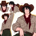  1boy aged_up artist_logo bandana belt black_eyes black_hair breast_pocket brown_belt brown_shirt chococurrent closed_mouth commentary cowboy cowboy_hat english_commentary green_pants hair_between_eyes hat highres logo looking_at_viewer medium_hair multiple_views naruto_(series) pants pocket red_bandana rinnegan shirt shirt_tucked_in toned toned_male uchiha_sasuke 