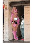  1boy 1girl absurdres alley alpha_pokemon animal_ears black_hair black_sclera black_shorts blush_stickers breasts brown_fur c0cobeanz colored_sclera colored_skin commentary english_commentary furry furry_female going_to_colombia_for_the_food_and_culture_(meme) grey_pants grey_skin heart highres large_breasts looking_at_another lopunny meme pants pillarboxed pink_eyes pink_shoes pokemon rabbit_ears rabbit_girl shirt shoes short_hair short_shorts short_sleeves shorts white_shirt 