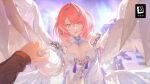  1boy 1girl absurdres bow breasts bright_pupils cleavage dress hair_bow hair_ornament highres holding_hands large_breasts looking_at_viewer medium_hair mole mole_on_breast multicolored_eyes official_art official_wallpaper pink_eyes pink_hair pointy_ears pov pov_hands purple_eyes remielle_dan smile solo two-tone_eyes wings wise_(zenless_zone_zero) zenless_zone_zero 