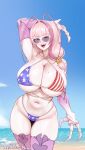  1girl aestheticc-meme american_flag american_flag_bikini american_flag_print antennae arm_at_side arm_behind_head arm_up armpits arthropod_girl arthropod_limbs beach bikini blue_sky breasts cleavage cockroach_girl commentary curvy english_commentary facial_mark fangs flag_print flag_print_bikini highres huge_breasts indie_virtual_youtuber looking_at_viewer matara_kan mature_female mole mole_on_breast monster_girl multicolored_hair navel open_mouth pink_hair print_bikini red_eyes side_ponytail sky smile solo standing streaked_hair sunglasses sweat swimsuit thick_thighs thighs triangle_bikini_top virtual_youtuber water wet wide_hips 