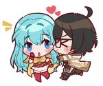  2girls :o aqua_hair armor artist_self-insert black-framed_eyewear black_gloves black_pants blue_eyes blush_stickers boots bracelet breastplate cape chibi chibi_only closed_eyes closed_mouth coat commentary eirika_(fire_emblem) female_kiran_(fire_emblem) fire_emblem fire_emblem:_the_sacred_stones fire_emblem_heroes glasses gloves gold_bracelet hand_on_own_face heart jewelry kiran_(fire_emblem) long_hair long_sleeves maji_(majibomber) mole mole_under_eye multiple_girls open_clothes open_coat open_mouth pants pauldrons red_boots red_gloves red_shirt shirt short_sleeves shoulder_armor skirt smile thigh_boots untranslatable_commentary white_background white_skirt yellow_cape yuri 