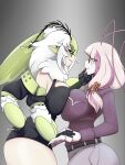  2girls age_difference antennae arthropod_girl arthropod_limbs black_leotard black_sclera breast_press breasts breasts_squeezed_together cleavage_cutout clothing_cutout cockroach_girl colored_sclera colored_skin curvy dakkoblocko extra_arms eye_contact facial_mark finger_to_another's_mouth from_side glasses green_eyes green_hair highres holding_hands indie_virtual_youtuber juniper_actias juniper_actias_(space_invader) large_breasts leotard long_hair looking_at_another matara_kan matara_kan_(casual) mature_female monster_girl moth_antennae moth_girl multicolored_hair multiple_girls pink_hair pointy_ears purple_sweater red_eyes seductive_smile side_ponytail skinny_jeans smile streaked_hair striped_clothes striped_sweater sweater symmetrical_docking thick_thighs thighs turtleneck turtleneck_sweater virtual_youtuber white_hair white_skin yuri 