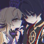  1boy 1girl adam's_apple alternate_costume armor bare_shoulders black_bodysuit black_border black_collar black_dress black_gloves black_hair black_kimono blonde_hair blunt_ends bodysuit border chest_markings chromatic_aberration closed_mouth collar colored_tips commentary curtained_hair dark_persona detached_collar dress eyelashes feather_hair_ornament feathers fingerless_gloves gem genshin_impact gloves gold gradient_hair hair_bun hair_intakes hair_ornament hand_up highres japanese_clothes jewelry juban kimono long_hair looking_at_viewer lumine_(genshin_impact) mandarin_collar mitsudomoe_(shape) multicolored_hair neck_ring open_clothes open_kimono outline partially_shaded_face pauldrons purple_feathers purple_gem purple_hair purple_nails purple_outline purple_rope red_kimono red_pupils remhotaru rope scaramouche_(genshin_impact) shoulder_armor single_hair_bun single_pauldron single_sode tassel tomoe_(symbol) white_kimono white_rope wispy_bangs yellow_eyes 