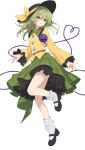  1girl absurdres black_hat black_shoes bow buttons collared_shirt commentary diamond_button disembodied_linked_eye eyeball frilled_shirt_collar frilled_skirt frilled_sleeves frills full_body green_eyes green_hair green_skirt hat hat_bow heart heart_of_string highres komeiji_koishi leg_up long_hair long_sleeves looking_at_viewer mary_janes shirt shoes simple_background skirt smile socks solo tinatama touhou white_background white_socks wide_sleeves yellow_bow yellow_shirt 