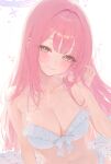  1girl absurdres adjusting_hair bare_shoulders bikini blue_archive blue_halo blush breasts cleavage collarbone commentary_request frilled_bikini frills gradient_halo hair_intakes halo hand_in_own_hair highres kakuzatou_(kakuzatolemon) large_breasts long_hair looking_at_viewer low_wings mika_(blue_archive) mika_(swimsuit)_(blue_archive) multicolored_eyes multicolored_halo navel pink_halo purple_eyes smile solo sparkle swimsuit two-tone_eyes upper_body white_background white_bikini white_wings wing_ornament wings yellow_eyes 