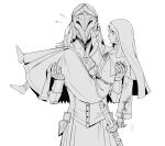  1boy 1girl armor armored_dress barefoot blood blood_on_clothes carrying coif cosplay doll_joints dress elden_ring elden_ring_nightreign executor_(elden_ring) facing_viewer flying_sweatdrops gauntlets greyscale height_difference helm helmet highres hip_armor joints monochrome notice_lines nun official_alternate_costume princess_carry revenant_(elden_ring) robe scabbard sheath sister_friede sister_friede_(cosplay) smile sqqccca standing sword weapon white_background yuria_of_londor yuria_of_londor_(cosplay) 