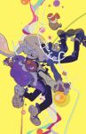  1boy 1girl agent_3_(splatoon_3) arms_up asymmetrical_hair backlighting black_pants black_shoes blonde_hair braid character_name closed_mouth commentary_request dark-skinned_male dark_skin english_text eye_contact eyebrow_cut face-to-face floating full_body grey_shirt hetero highres holding_hands ink_tank_(splatoon) inkling inkling_girl inkling_player_character interlocked_fingers interracial long_hair long_sleeves looking_at_another octoling octoling_boy octoling_player_character outstretched_arms pants paozi_haox purple_hair red_eyes romaji_commentary shirt shoe_soles shoes short_hair single_braid smallfry_(splatoon) sneakers splatoon_(series) splatoon_3 suction_cups tentacle_hair tentacles white_shirt yellow_background yellow_eyes yellow_shoes 
