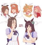  6+girls agnes_digital_(umamusume) air_groove_(umamusume) animal_ears aqua_bow asymmetrical_bangs asymmetrical_hair blonde_hair blunt_bangs blush blush_stickers bow brown_hair chocoyanstickz closed_eyes clover clover_hair_ornament commentary covering_own_mouth cowboy_shot cropped_head dog_girl dog_tail droopy_ears ear_bow ear_ornament english_commentary english_text fine_motion_(umamusume) floppy_ears furrowed_brow grin hair_between_eyes hair_bow hair_bun hair_ornament hairband hairclip hand_on_own_elbow hand_over_own_mouth headband highres horse_ears horse_girl horseshoe_ornament long_hair medium_hair mejiro_dober_(umamusume) motion_lines multiple_girls orange_hair pink_hair pleated_skirt ponytail puffy_short_sleeves puffy_sleeves purple_bow purple_eyes purple_serafuku rectangular_mouth red_track_suit sailor_collar sailor_shirt school_uniform serafuku shirt short_sleeves silence_suzuka_(umamusume) simple_background single_blush_sticker single_floppy_ear skirt smile speech_bubble star_(symbol) star_hair_ornament summer_uniform sweatdrop taiki_shuttle_(umamusume) tail tail_wagging thinking thought_bubble tongue tracen_school_uniform tracen_training_uniform track_suit twintails umamusume upper_body white_background white_headband white_sailor_collar white_skirt 