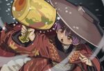  1girl commentary gold_trim hammer highres holding holding_weapon japanese_clothes kimono long_sleeves miracle_mallet open_mouth plate purple_hair red_eyes red_kimono sash short_hair snow solo sukuna_shinmyoumaru touhou touhou_lost_branch_of_legend tuck_(tuck23978434) weapon 