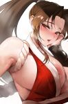  1girl absurdres armpit_crease armpits blush breasts brown_eyes brown_hair commentary curtained_hair eyelashes fatal_fury hand_on_own_cheek hand_on_own_face high_ponytail highres hot huge_breasts lips long_hair looking_down looking_to_the_side mute_(mute89539160) ninja nipple_slip nipples parted_bangs parted_lips ponytail revealing_clothes rope shiranui_mai sideboob simple_background solo steaming_body sweat sweaty_armpits upper_body white_background 