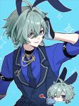  1boy :d ahoge animal_ears aqua_hair arm_up artist_name black_choker black_gloves blowing_kiss blue_background blue_gloves blue_necktie blue_shirt blue_vest buttons chibi chibi_inset choker collar_chain_(jewelry) collared_shirt commentary_request crossed_bangs earrings fake_animal_ears genshin_impact gloves hair_between_eyes hair_intakes heart highres jewelry lapels lohen_(genshin_impact) looking_to_the_side lower_teeth_only male_focus male_playboy_bunny mole mole_under_eye multicolored_eyes multicolored_gloves necktie one_eye_closed open_mouth outline purple_eyes rabbit_ears shirt short_hair simple_background single_earring smile solo sparkle susukeya teeth three-quarter_sleeves twitter_username two-tone_gloves vest white_outline wing_collar 