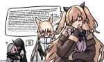  4girls animal_ears basti_(girls'_frontline_2) black_bow black_hair black_skirt blonde_hair blue_eyes bow brown_jacket closed_eyes commentary crying crying_emoji disgust emoji english_commentary english_text faelynn_(girls'_frontline_2) fingerless_gloves fox_ears fox_girl fur-trimmed_jacket fur_trim g41_(girls'_frontline) girls'_frontline girls'_frontline_2:_exilium gloves grey_cloak heterochromia highres horns hug hug_from_behind jacket long_hair meme michilinstuff mk23_(girls'_frontline) multicolored_hair multiple_girls netorare_copypasta_(meme) open_clothes open_jacket phaetusa_(girls'_frontline_2) pink_hair pink_shirt red_eyes shirt simple_background single_horn skirt speech_bubble spoken_emoji standing streaked_hair streaming_tears tears two_side_up very_long_hair white_background white_jacket zoe_sable 