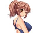  1girl :o aomi_riru blue_one-piece_swimsuit blush breasts brown_eyes brown_hair covered_nipples from_side game_asset hair_between_eyes hair_ornament hair_scrunchie large_breasts large_variant_set non-web_source official_art one-piece_swimsuit ponytail school_swimsuit scrunchie self-datamine sidelocks simple_background solo standing swimsuit tachi-e tan toriumi_hinata transparent_background upper_body variant_set wince yumemi_ga_cheek! 