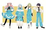  4girls agott_arklaum_(tongari_boushi_no_atelier) black_bow black_bowtie black_pantyhose black_shirt black_shoes blue_capelet blue_dress blue_eyes blue_hair blue_pants blue_skirt bow bowtie braid capelet closed_mouth coco_(tongari_boushi_no_atelier) contemporary double_bun dress expressionless fashion green_eyes green_hair grey_shoes hair_bun hair_ornament half_up_braid highres layered_sleeves long_hair long_sleeves looking_at_viewer multiple_girls open_mouth overalls pants pantyhose pink_eyes pink_hair pprnpprt purple_eyes purple_hair richeh_(tongari_boushi_no_atelier) shirt shoes short_hair short_over_long_sleeves short_sleeves skirt smile standing tetia_(tongari_boushi_no_atelier) tongari_boushi_no_atelier two-tone_background undershirt white_background white_pants white_shirt yellow_background 